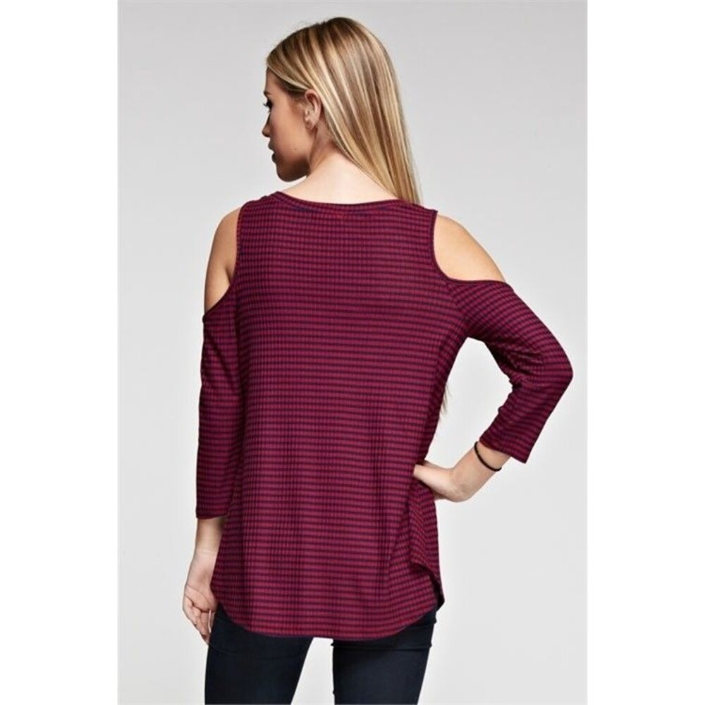 Women’s Magenta Navy Striped Cold Shoulder Top Long Sleeve Size M - Picture 12 of 12